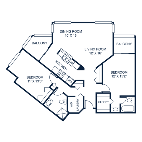 Floor plan for 2 beds, 2 baths, 1264 sqft